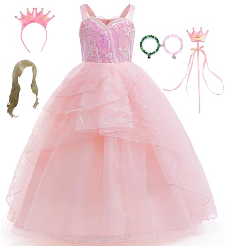 Bauxhie Girls Ginda Costume Kids Elphaba Dress with Hat and Cape Bracelets Suit Witch Costume for Halloween (Rosa mit Perücke, 11-12 Jahre) von Bauxhie