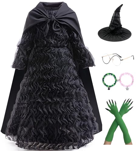 Bauxhie Girls Ginda Costume Kids Elphaba Dress with Hat and Cape Bracelets Suit Witch Costume for Halloween (Schwarz, 11-12 Jahre) von Bauxhie