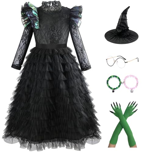 Bauxhie Girls Ginda Costume Kids Elphaba Dress with Hat and Cape Bracelets Suit Witch Costume for Halloween (Schwarz 2 mit Perücke, 11-12 Jahre) von Bauxhie