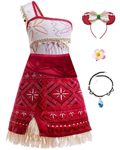 Bauxhie Kinder Moana Kleid Mädchen Abenteuer Thema Cosplay Prinzessin Kleid mit Halskette Abenteuer Outfit für Halloween (Rot, 11-12Y) von Bauxhie