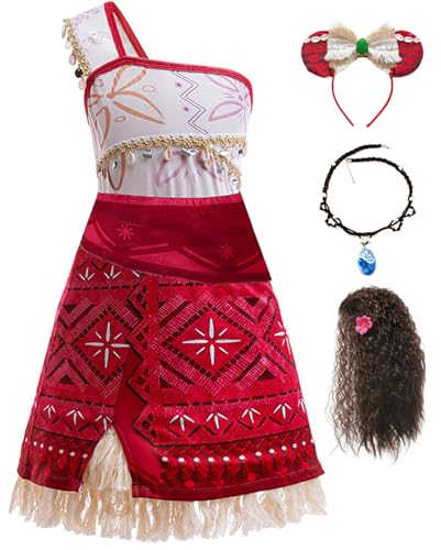 Bauxhie Kinder Moana Kleid Mädchen Abenteuer Thema Cosplay Prinzessin Kleid mit Halskette Abenteuer Outfit für Halloween (Rot + Perücke, 11-12Y) von Bauxhie