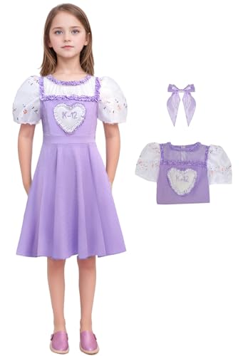 Bauxhie Mädchen K-12 Kleid Kostüm Kinder K-12 Lila Kleid mit Perücke Ohrringe Halskette Halloween Outfits (Stil 1, 11-12 Jahre) von Bauxhie