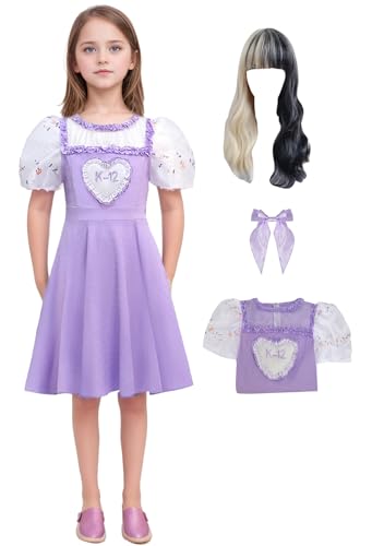 Bauxhie Mädchen K-12 Kleid Kostüm Kinder K-12 Lila Kleid mit Perücke Ohrringe Halskette Halloween Outfits (Stil 1 mit Perücke, 11-12 Jahre) von Bauxhie