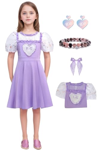 Bauxhie Mädchen K-12 Kleid Kostüm Kinder K-12 Lila Kleid mit Perücke Ohrringe Halskette Halloween Outfits (Stil 2, 11-12 Jahre) von Bauxhie