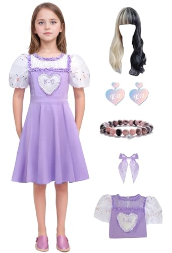 Bauxhie Mädchen K-12 Kleid Kostüm Kinder K-12 Lila Kleid mit Perücke Ohrringe Halskette Halloween Outfits (Stil 2 mit Perücke, 13-14 Jahre) von Bauxhie