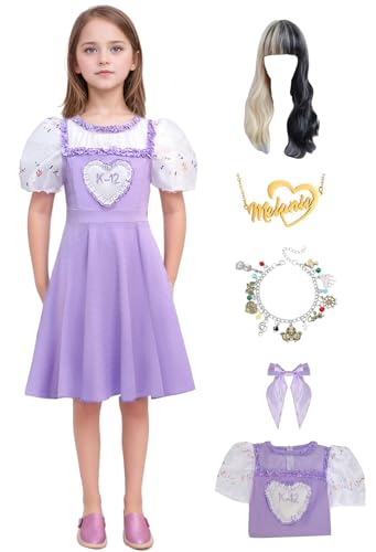 Bauxhie Mädchen K-12 Kleid Kostüm Kinder K-12 Lila Kleid mit Perücke Ohrringe Halskette Halloween Outfits (Stil 3 mit Perücke, 11-12 Jahre) von Bauxhie