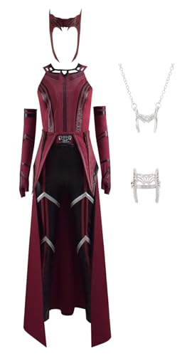 Bauxhie Wanda Maximoff Kostüm Damen Scarlet Witch Cosplay Anzug Wanda Kopfbedeckung Halskette Ring für Halloween (Rot Withou Robe, 3XL) von Bauxhie