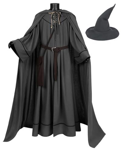 Erwachsene Gandalf Kostüm Herren Gandalf Zauberer Robe Mantel Hut Gürtel Grau Anzug für Halloween (Grau, 3XL) von Bauxhie