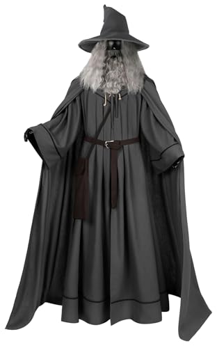 Erwachsene Gandalf Kostüm Herren Gandalf Zauberer Robe Mantel Hut Gürtel Grau Anzug für Halloween (Grau mit Perücke, 3XL) von Bauxhie