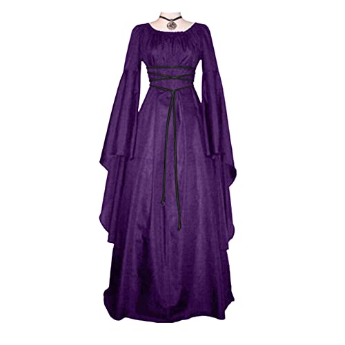 Bauzuoyo Mittelalter Kleidung Damen mit Trompetenärmeln Satin Kleid Königin-Kleider Mittelalterliche Maxikleid Halloween-Party Prinzessinnen-Kostüm Damen Burgfräulein Kostüm Rapunzel Kleid von Bauzuoyo