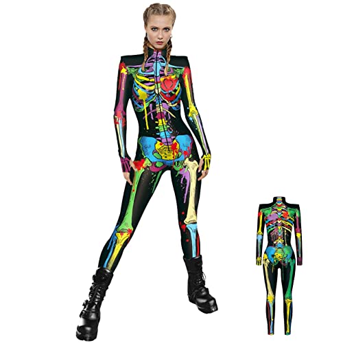 3D Skelett Kostüm Damen Halloween Jumpsuit Kostü 3D Print Langarm Skinny Skeleton Catsuit Cosplay Overall Body,Damen Halloween Karneval Kostü 3D Skelett Langarm Outfits Bodycon Ganzkörperanzug-XL von Bavokon