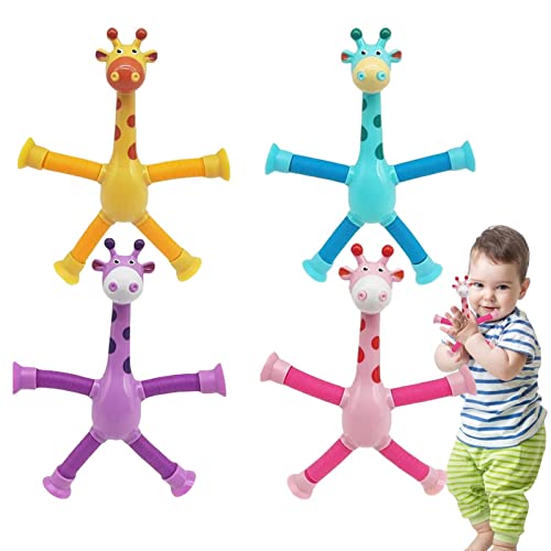 4 Stück Giraffe Pop Röhren Sensorik Spielzeug Mit Licht,Teleskop Giraffenspielzeug Mit Saugnapf,Sensorisches Baby Spielzeug Saugnapf Spielzeug Giraffe,Sensorisches Kinder Spielzeug,Geschenk Für Kinder von Bavokon