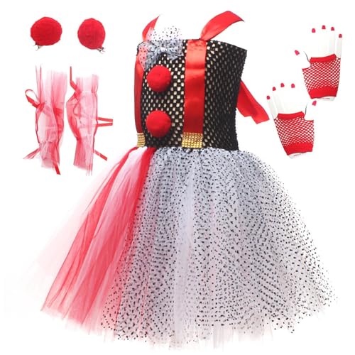 Bavokon Clown Cosplay Kleid, Clown Kostüm für Mädchen - Mädchenkostüme Halloween Cosplay Outfits - Clown-Cosplay-Kostüme für Kinder mit Netzhandschuhen, Haarspange und Netzärmeln für 2–12 Jahre von Bavokon