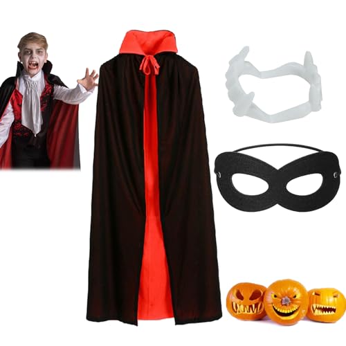 Vampirumhang mit doppeltem Kragen,Halloween Vampir Umhang,Vampir Umhang Kinder,Halloween Umhang mit Kragen,Vampir Umhang mit Kragen,Schwarzer Umhang+Requisiten Zahnersatz+Augenmaske,Schwarz,90cm von Bavooty