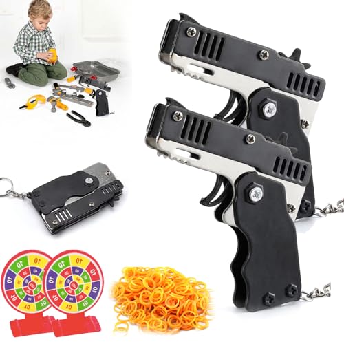 Mini Gummibandpistole Aus Metall,Spielzeug Pistole Kinder,Gummibandpistole Spielzeug,Faltbare Handgefertigte Spielzeugpistole,Klappbare Gummiband Pistolen Spielzeuge+120gummibandm,Schwarz,2pcs von Bavooty