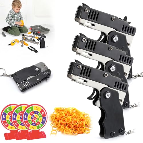 Mini Gummibandpistole Aus Metall,Spielzeug Pistole Kinder,Gummibandpistole Spielzeug,Faltbare Handgefertigte Spielzeugpistole,Klappbare Gummiband Pistolen Spielzeuge+180gummibandm,Schwarz,3pcs von Bavooty