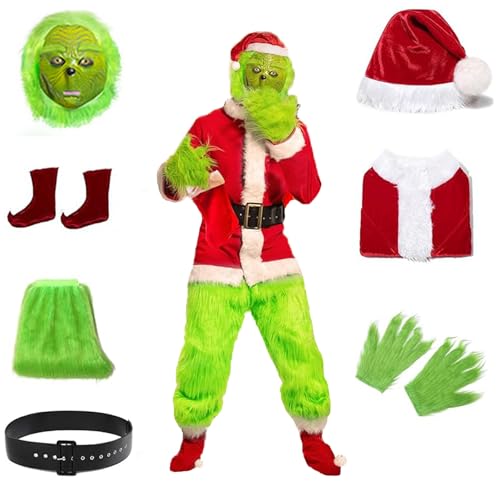 Bavpelp Grinch Kostüm 7-Teilig，Weihnachtsmann Kostüm Geeignet für Männer und Frauen，Perfekt für Weihnachtsfeiern, Cosplay, für Halloween Fasching Party, Vielseitige Größen (L) von Bavpelp