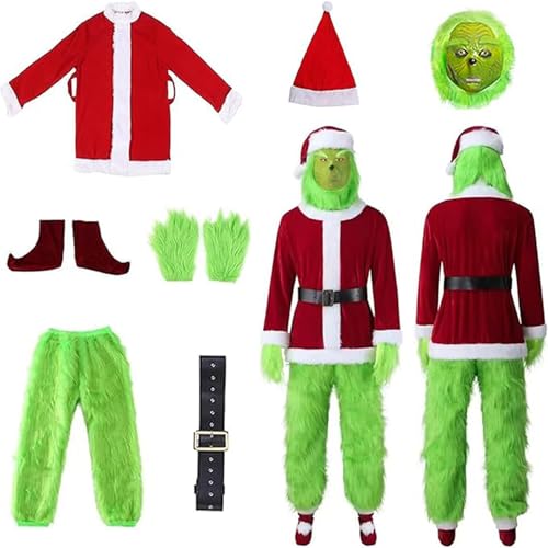 Bavpelp Grinch Kostüm 7-Teilig，Weihnachtsmann Kostüm Geeignet für Männer und Frauen，Perfekt für Weihnachtsfeiern, Cosplay, für Halloween Fasching Party, Vielseitige Größen (XL) von Bavpelp