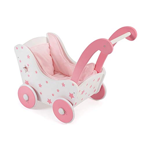 Holzpuppenwagen für Baby-Puppen bis 54 cm, Puppenwagen aus Holz, Schiebehöhe 43 cm von Bayer Chic 2000