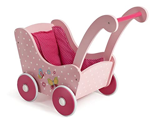 Holzpuppenwagen für Baby-Puppen bis 54 cm, Puppenwagen aus Holz, Schiebehöhe 43 cm, Papilio Pink von Bayer Chic 2000