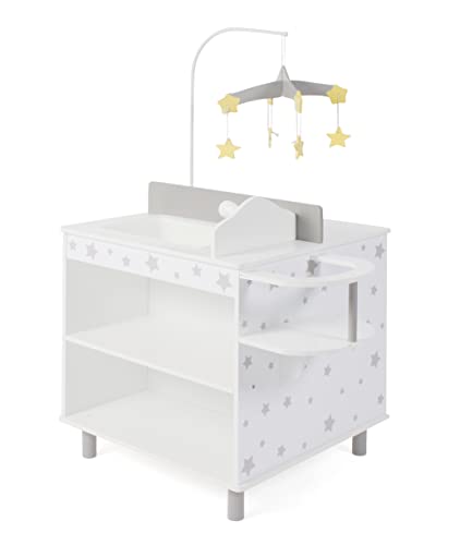 Bayer Chic 2000® Puppen Wickeltisch mit Zubehör – Wickelstation inkl. Hochstuhl, Ablagefächer, Badewaschbecken, Kleiderschrank & Mobile – Puppenmöbel ab 3 Jahren, Sternchen Grau von Bayer Chic 2000