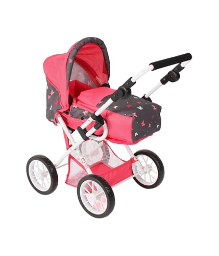 Bayer Chic 2000® 3in1 Kombi Puppenwagen Leni – Butterfly Koralle - faltbar, höhenverstellbarer Griff 43-67 cm, Tragetasche – Puppen bis 46 cm, ab 3 J. von Bayer Chic 2000