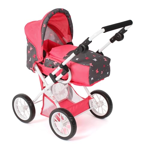 Bayer Chic 2000® 3in1 Kombi Puppenwagen Leni – Butterfly Koralle - faltbar, höhenverstellbarer Griff 43-67 cm, Tragetasche – Puppen bis 46 cm, ab 3 J. von Bayer Chic 2000