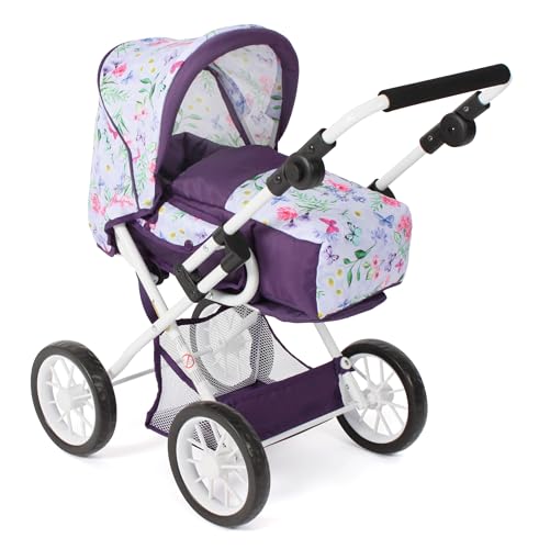 Bayer Chic 2000 - Puppenwagen Leni, 2in1 Kombipuppenwagen mit herausnehmbarer Tragetasche, Kinderwagen für Puppen bis 46 cm Größe, Flowers lila, 64 x 37 x 68 cm von Bayer Chic 2000