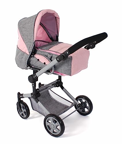 Bayer Chic 2000® 3in1 Kombi Puppenwagen Jara – Melange Grau Rosa – faltbar, höhenverstellbarer Griff 47-78 cm – Tragetasche – Puppen bis 52 cm, 4-8 J. von Bayer Chic 2000