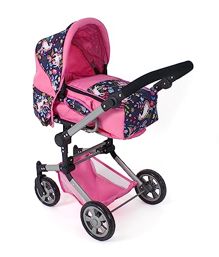 Bayer Chic 2000 - Puppenwagen Jara, 2in1 Kombipuppenwagen mit herausnehmbarer Tragetasche, Puppenkinderwagen für Kinder von 4 bis 8 Jahren, Einhorn, Navy-pink von Bayer Chic 2000