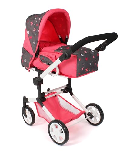 Bayer Chic 2000® 3in1 Kombi Puppenwagen Jara – Butterfly Koralle – faltbar, höhenverstellbarer Griff 47-78 cm – Tragetasche – Puppen bis 52 cm, 4-8 J. von Bayer Chic 2000