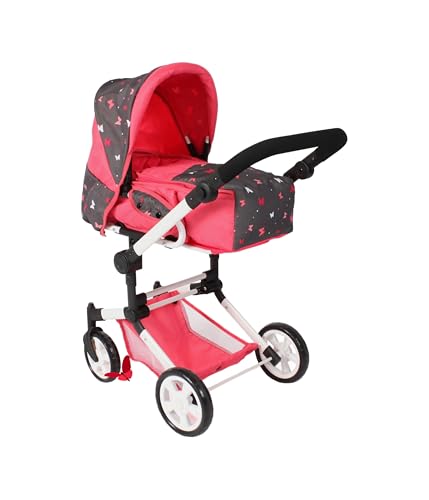 Bayer Chic 2000® 3in1 Kombi Puppenwagen Jara – Butterfly Koralle – faltbar, höhenverstellbarer Griff 47-78 cm – Tragetasche – Puppen bis 52 cm, 4-8 J. von Bayer Chic 2000