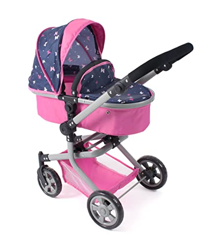 Bayer Chic 2000 595-33 Puppenwagen Mika, 2in1 Kombipuppenwagen für Kinder von 4 bis 8 Jahren, Butterfly, pink-Navy, 73 * 41 * 82 cm von Bayer Chic 2000