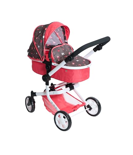 Bayer Chic 2000 - Puppenwagen Mika, 2in1 Kombipuppenwagen für Kinder von 4 bis 8 Jahren, Kinderwagen für Puppen bis 52 cm, Butterfly Koralle von Bayer Chic 2000