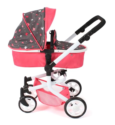 Bayer Chic 2000 - Puppenwagen Mika, 2in1 Kombipuppenwagen für Kinder von 4 bis 8 Jahren, Kinderwagen für Puppen bis 52 cm, Butterfly Koralle von Bayer Chic 2000