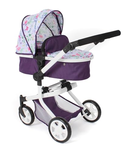 Bayer Chic 2000 595-73 Puppenwagen Mika, 2-in-1 Kombipuppenwagen für Kinder von 4 bis 8 Jahren, Kinderwagen für Puppen bis 52 cm, Flowers lila von Bayer Chic 2000