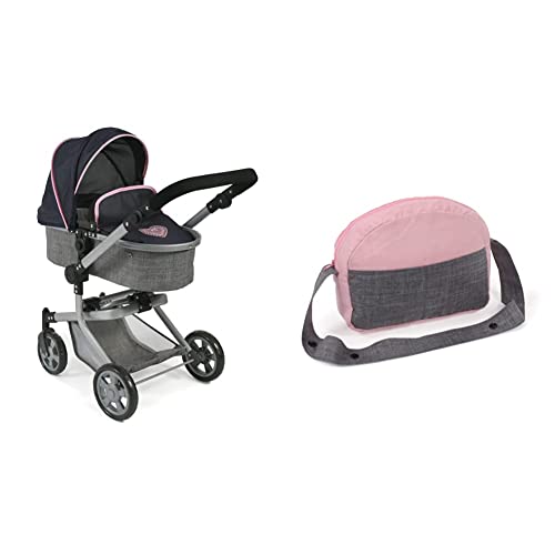 Bayer Chic 2000 - 59526 - Puppenwagen Mika, 2in1 Kombipuppenwagen für 4-8 Jahren, Melange grau-Navy & 853 15 Wickeltasche für Puppen, Puppenwickeltasche Bayer Chic 2000-Wickeltasche, Melange grau-rosa von Bayer Chic 2000