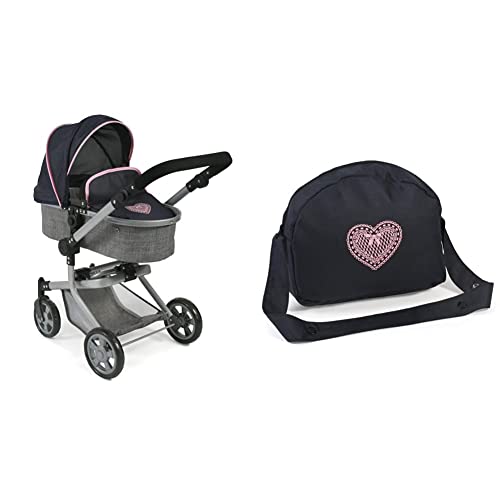 Bayer Chic 2000 - 59526 - Puppenwagen Mika, 2in1 Kombipuppenwagen für Kinder von 4 bis 8 Jahren, Melange grau-Navy & Wickeltasche für Puppen, Puppenwickeltasche, Puppenzubehör, Melange grau, Navy von Bayer Chic 2000