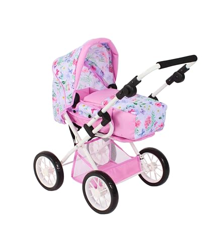 Bayer Chic 2000® 3in1 Kombi Puppenwagen Leni - Flowers Rosa - faltbar, höhenverstellbarer Griff 43-67 cm, Tragetasche – Puppen bis 46 cm, ab 3 J. von Bayer Chic 2000