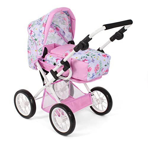 Bayer Chic 2000® 3in1 Kombi Puppenwagen Leni - Flowers Rosa - faltbar, höhenverstellbarer Griff 43-67 cm, Tragetasche – Puppen bis 46 cm, ab 3 J. von Bayer Chic 2000