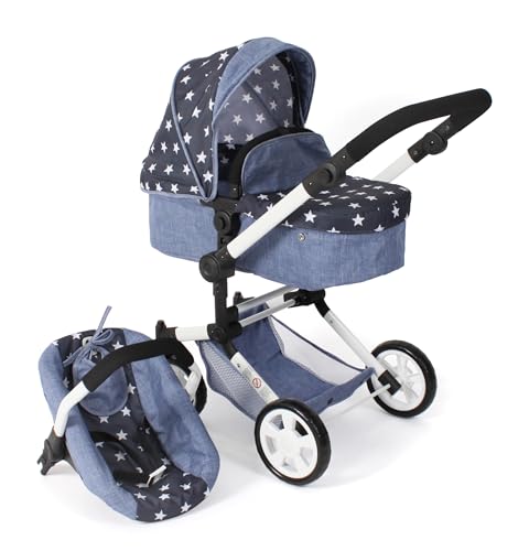 Bayer Chic 2000® 3in1 Kombi Puppenwagen Linus - Sternchen Navy- faltbar, höhenverstellbarer Griff 47-78 cm, mit Autositz – Puppen bis 52 cm, 4-8 J. von Bayer Chic 2000