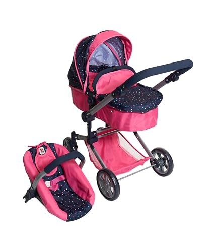 Bayer Chic 2000 - Puppenwagen Linus, 3-in-1 Kombipuppenwagen für Kinder von 4 bis 8 Jahren, Puppenwagen-Set mit Puppen-Autositz, Konfetti pink von Bayer Chic 2000