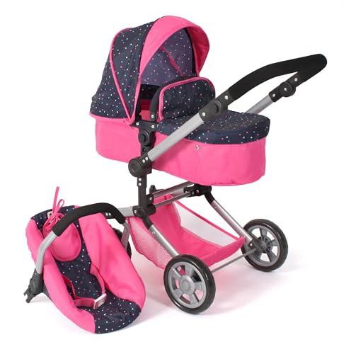 Bayer Chic 2000 - Puppenwagen Linus, 3-in-1 Kombipuppenwagen für Kinder von 4 bis 8 Jahren, Puppenwagen-Set mit Puppen-Autositz, Konfetti pink von Bayer Chic 2000