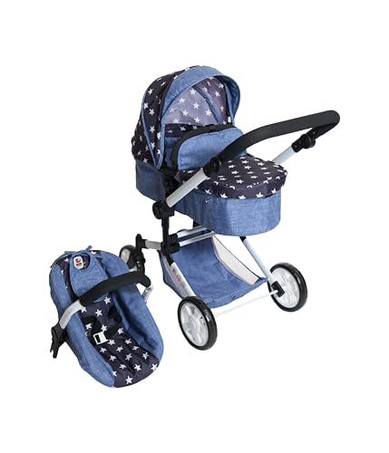 Bayer Chic 2000® 3in1 Kombi Puppenwagen Linus - Sternchen Navy- faltbar, höhenverstellbarer Griff 47-78 cm, mit Autositz – Puppen bis 52 cm, 4-8 J. von Bayer Chic 2000