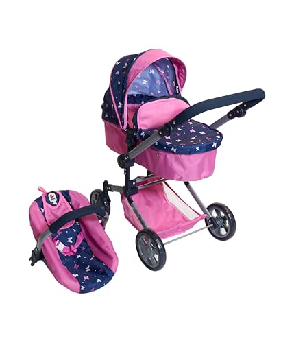 Bayer Chic 2000® 3in1 Kombi Puppenwagen Linus - Butterfly Navy-Pink- faltbar, höhenverstellbarer Griff 47-78 cm, mit Autositz – Puppen bis 52 cm, 4-8 J. von Bayer Chic 2000