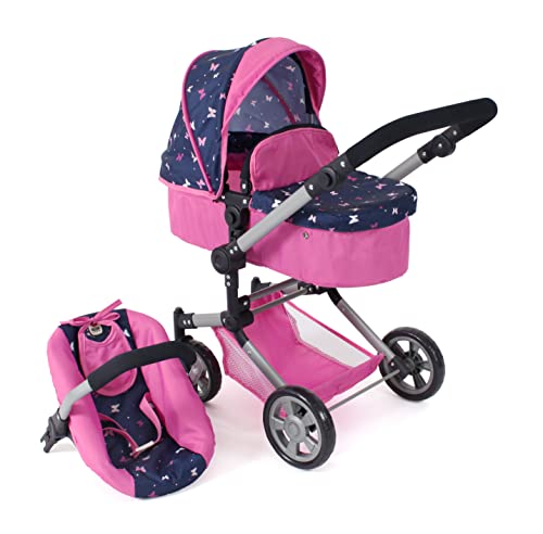 Bayer Chic 2000 - Puppenwagen Linus, 3in1 Kombipuppenwagen für Kinder von 4 bis 8 Jahren, Puppenwagen-Set, 592-33, Butterfly, Navy-pink, 72 * 41.5 * 82 cm von Bayer Chic 2000