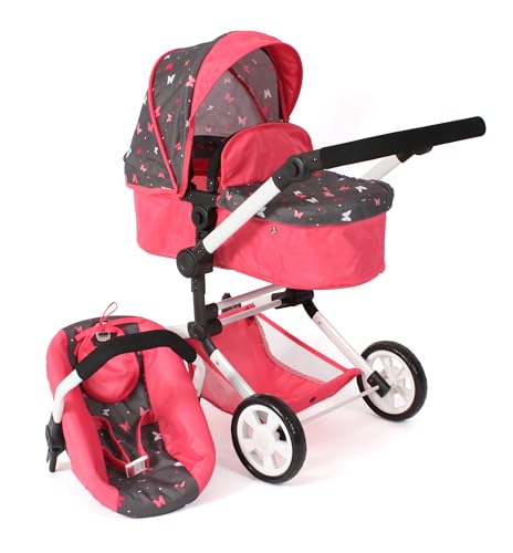 Bayer Chic 2000 - Puppenwagen Linus, 3-in-1 Kombipuppenwagen für Kinder von 4 bis 8 Jahren, Puppenwagen-Set mit Puppen-Autositz, Butterfly, Koralle von Bayer Chic 2000