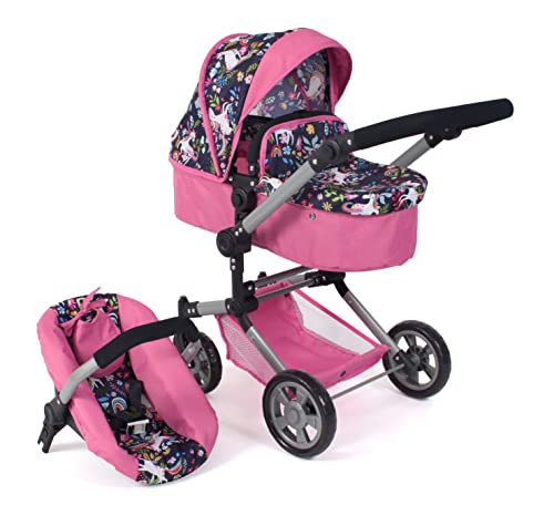 Bayer Chic 2000® 3in1 Kombi Puppenwagen Linus - Einhorn Navy-Pink- faltbar, höhenverstellbarer Griff 47-78 cm, mit Autositz – Puppen bis 52 cm, 4-8 J. von Bayer Chic 2000