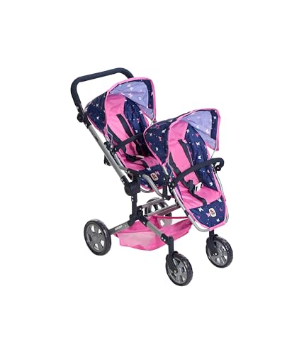 Bayer Chic 2000® Puppenwagen Linus Duo – Butterfly Navy Pink – Faltbarer Zwillingspuppenwagen – Verstellbarer Griff 50-82 cm – Puppen bis 50 cm – 4-8 J. von Bayer Chic 2000