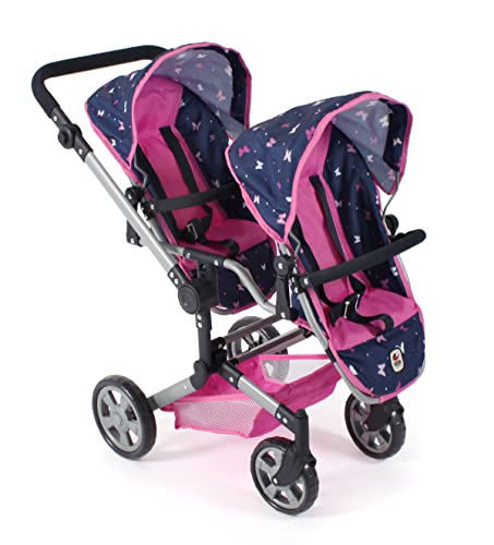 Bayer Chic 2000® Puppenwagen Linus Duo – Butterfly Navy Pink – Faltbarer Zwillingspuppenwagen – Verstellbarer Griff 50-82 cm – Puppen bis 50 cm – 4-8 J. von Bayer Chic 2000